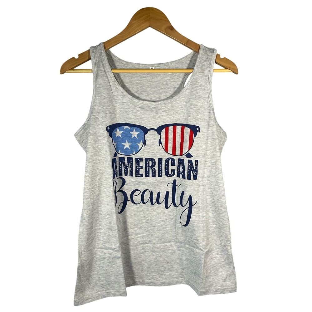NWOT Womens American Beauty USA Flag‎ Sunglasses Tank Top Gray Patriotic MEDIUM
